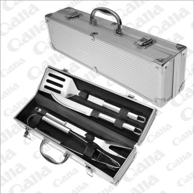 China QANA Factory Wholesale OEM Stainless Steel BBQ Tools Professional Easily Cleaned BBQ Tool Kit with Case Meat Fork Spatula Tongs Skewer for sale