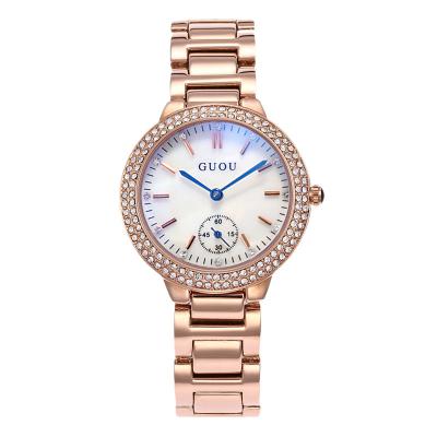 China Waterproof SET 8141 Fashion Ladies Watch Shell Face Quartz Steel Rose Gold Charm Ladies Dress Blue Rhinestone Glass Luxury Watch for sale