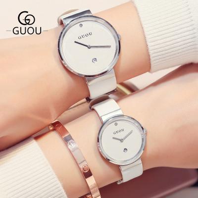 China 2021GUOU Day/Date Fashion Quartz Couple Simple Shell Pattern Dial Seconds Watch Casual No Leather Belt Watch for sale