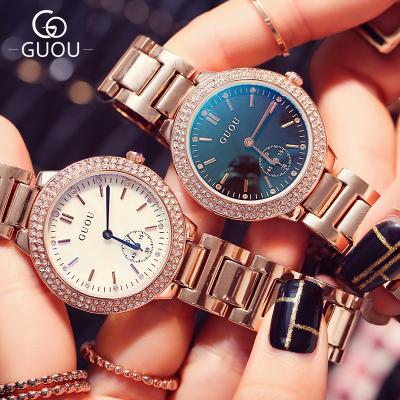 China Women's Mirror Steel Watch GUOU Small Dial Fashion Rhinestone Quartz Watch Temperament Blue Ladies Watch for sale