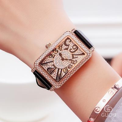 China Lady Relogio Feminino Full Diamond Retro Digital Watch Square Quartz Band Women Quartz Leather Watch GUOU for sale