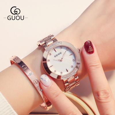 China Minimalist Bezel Japan Movt Relogio Feminino Diamond Watch GUOU Watch Stainless Steel Strap Quartz Watches Bezel for sale