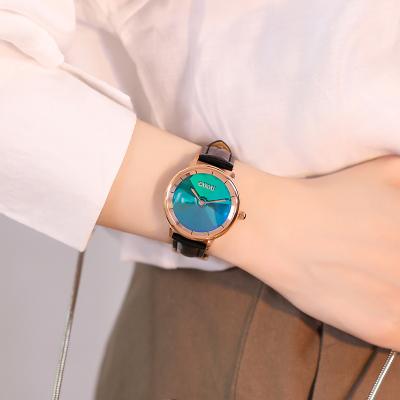 China GUOU Watch Women's Colorful Waterproof Quartz Watch Ladies Watch Leather Strap Steel Band Watch Green Gold Frame Watch for sale