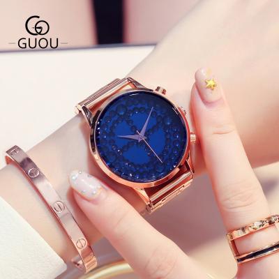 China Diamond Big Dial Personality Fashion steel band watch GUOU steel band ladies quartz watch temperament steel band watch for sale