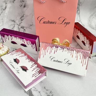 China Luxury Recyclable Custom Logo Private Label Rectangular Paper Sliding Drawer Pink False Eyelash Box Packaging Holographic Eye Lash Display Box for sale