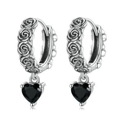 China Long Color Keeping Fashion S925 Sterling Silver Black Rose Heart Zircon Stud Earrings for sale