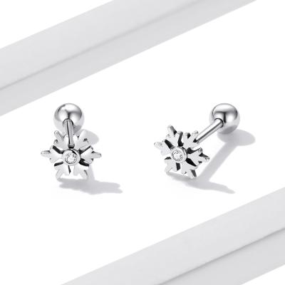 China Long Color Keeping Silver Simple S925 Sterling Zircon Christmas Snowflake Stud Earrings For Women for sale