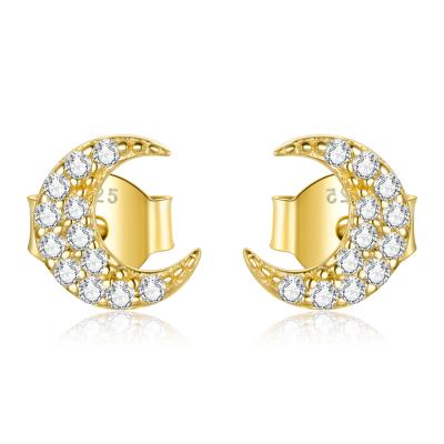 China Long Color Keeping Moon Twinkle S925 Sterling Silver Stud Earrings For Women Simple Gold Cubic Zirconia Crescent Earrings for sale