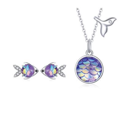 China Long Color Keeping Fishtail S925 Sterling Silver Platinum-Plated Necklace Aurora Fish Zircon Earrings Jewelry Set for sale