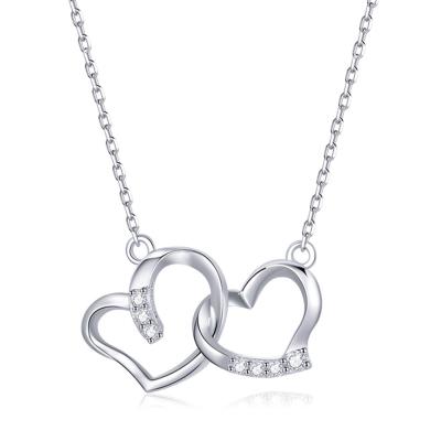 China Long color keeping hot sale double heart necklace s925 sterling silver platinum plated zircon heart fashion necklace for sale