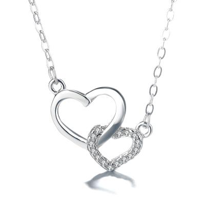 China Long Color Keeping S925 Sterling Heart Clavicle Chain Double Heart Cubic Zirconia Silver Pendant Necklace for sale