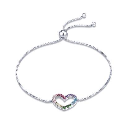 China Long Color Keeping Sterling Silver Rainbow Heart Bracelet S925 Color Cubic Zirconia Hollow Heart Simple Bracelet for sale