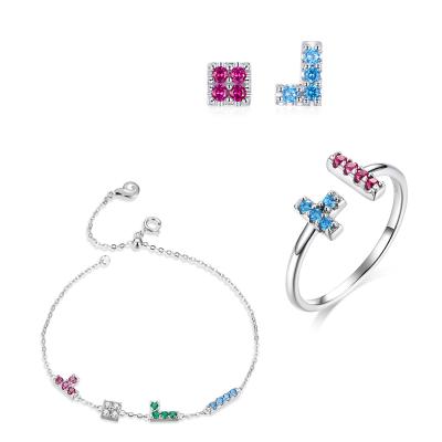 China Long Color Keeping Original Design Tetris Fashion S925 Sterling Silver Simple Earrings Bracelet Ring Jewelry Set for sale