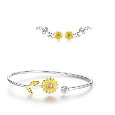 China Long Color Keeping Gold Daisy Zircon S925 Flower Bracelet Sunflower Earrings Jewelry Set Sterling Silver for sale