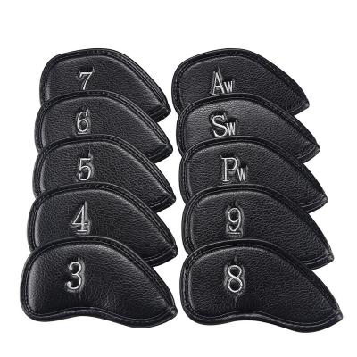 China 10PCS/Set Black Leather Golf PU Iron Head Cover Iron Cover 3 4 5 6 7 8 9 Pw AW Switches For Golf Iron Club Iron Cover for sale