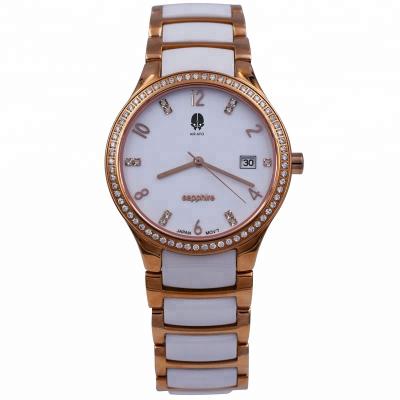 China Stainless Steel Diamond Dial Ceramic Women's Day/Date 3ATM Watch for sale