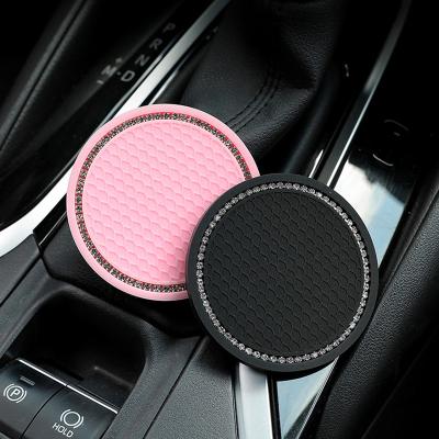 China Brief & Single Color 2.75 Inch Round Soft Silicone Cup Holder Water Travel Coaster Car PVC Auto Cup Pads With Bling Diamond Pad Anti-Slip Mat for sale