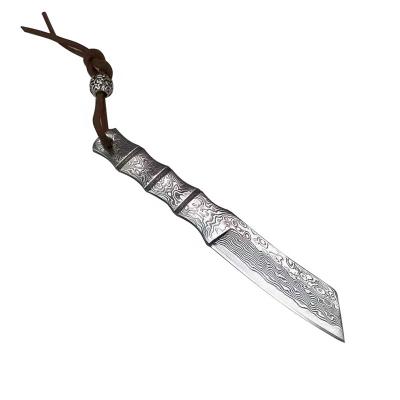 China Fixed Knife Mini Damascus EDC Knife Damascus Blade Steel Sheath Survival Outdoor Camping Leather Knife for sale