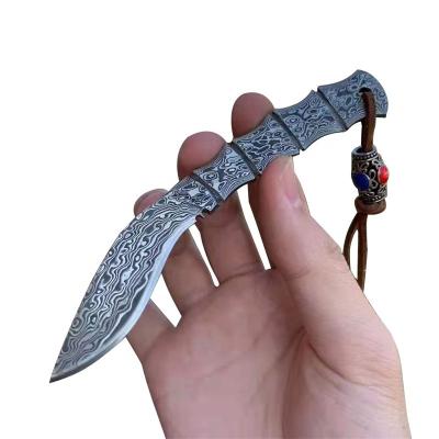 China Outdoor Mini Elbow Knife Damascus Steel EDC Knife Outdoor Hunting, Fixed Blade Leather Sheath Camping Tactical Knife Knife for sale