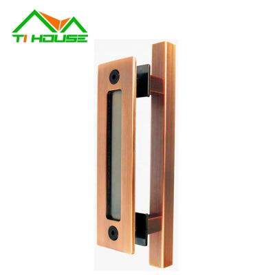 China Easy Installation 12 Inch Barn Door Handle Set Updated Antique Copper Plate Aluminum Alloy Square Barn Door Handle for sale