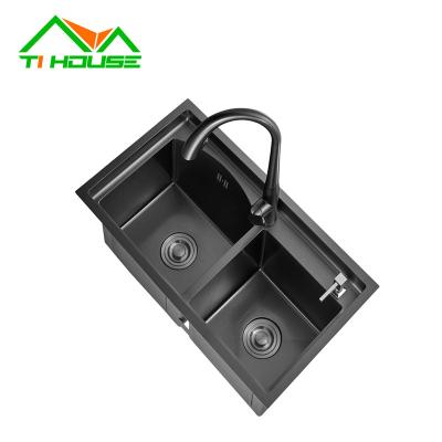 China Without faucet high grade fregadero factory custom black nano kitchen washing sink double bowl handmade for kitchen for sale