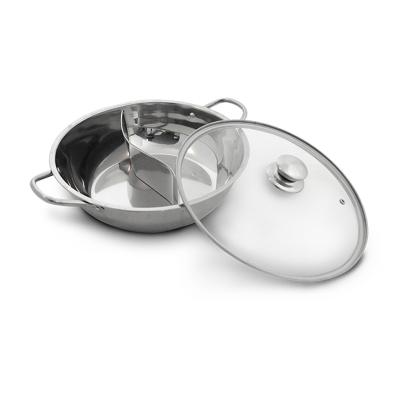 China Sustainable Cookware Stainless Steel Low Hot Pot With Two Handles And Glass Lid for sale