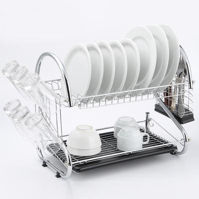 China Rustproof 2 Tier Dish Rack Kitchen Organizer Storage Double Tier Plate Drying Rack With Tray for sale