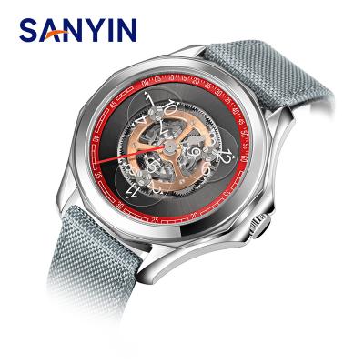 China SANYIN Power Reserve New Own Metal Self-Winding Wandering Time Factory OEM Logo Automatic Mechanical Watches Wrist Custom Made For Men for sale