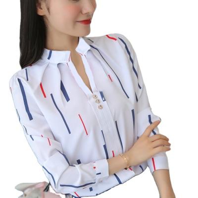 China Plus Size Women Anti Pilling White Tops And Blouses Fashion Long Sleeve Stripe Print Casual Lady Work Shirts Female Slim Blusas for sale