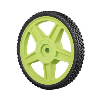 China 12 inch flat free wheel polypropylene plastic wheel for lawn mower, lawn sweeper wheel, lawn spreader wheel for sale