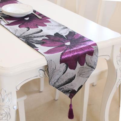 China Eco-friendly Wholesale Purple And Blue Flower Wedding Decoration Luxury Long Table Runner With Tassels 13*72inch for sale