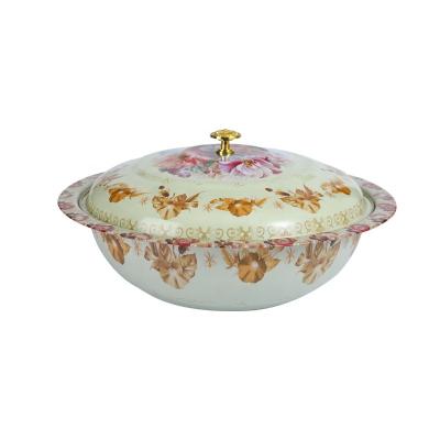 China Disposable Printed Flower Round Tureen Soup Bowl with Lid  Dry fruits/Nuts Tinplate pots for food storage for sale