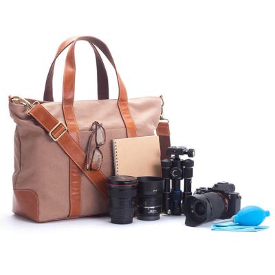 China 1CR0191 Fashionable Canvas Women Leather Waterproof Waxed Canvas Balanced Tote Bag for DSLR and Mirrorless Camera for sale