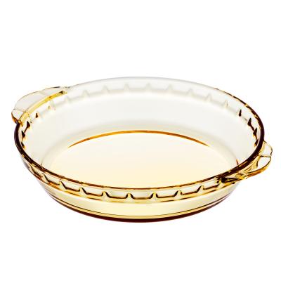 China LINUO Whole Selling High Borosilicate Glass Pizza Pan Bakeware Viable Tempered Amber Color Glass Baking Dish for sale