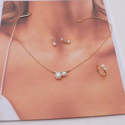 China New Arrival Fashionable Hot Sale Gold Plated Pearl Necklace Earring Ring Freshwater Jewelry Set Charm Women Girl Jewelry Set Gift Party for sale