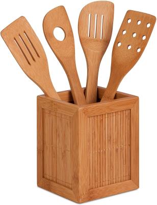 China Sustainable Bamboo Utensil Kitchen Set With Wooden Rack Kitchen Cooking Flatware 5 Set for sale