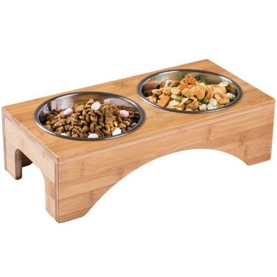 China Sustainable Cat Dog Feeder Pet Food Eco - Friendly Bamboo Water Bowls Stand Feeder for sale