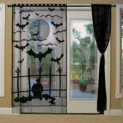 China New Blackout Halloween Black Lace Curtain For Halloween Party Decorations RIP Tomb Bats Halloween Curtain for sale