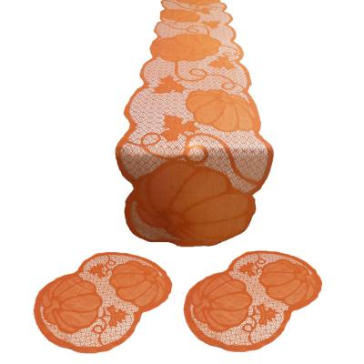 China Sustainable Thanksgiving Day Table Runner Pumkins and Maple Leaves Gold Harvest Lace Table Runner and Place Mat Set for sale