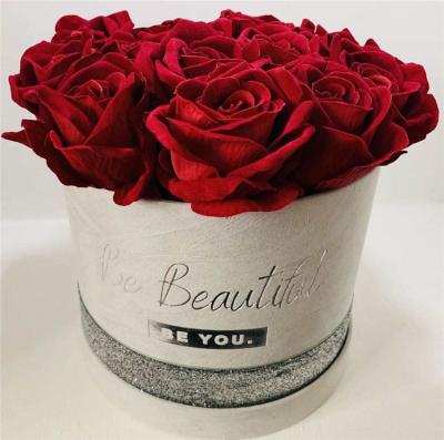 China Recyclable Gray Round Suede Rose Boxes Customized Brand Packaging Gift Boxes for sale