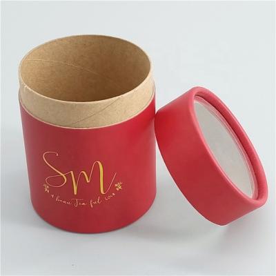 China Recyclable Luxury Round Paper Tube Tea Canister Coffee Canister With PVC Clear Window Foiled Golden Logo for sale