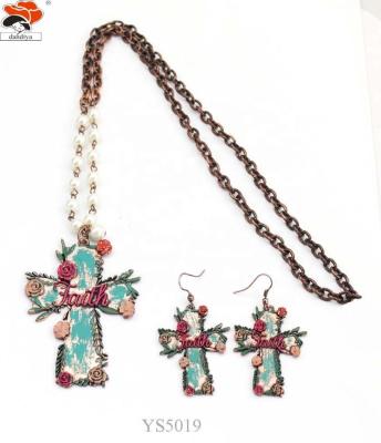 China Spring Neo-Gothic Succulents on Bead Necklace Flower Hand Painted Cross with Beads Necklace+EARRING for sale