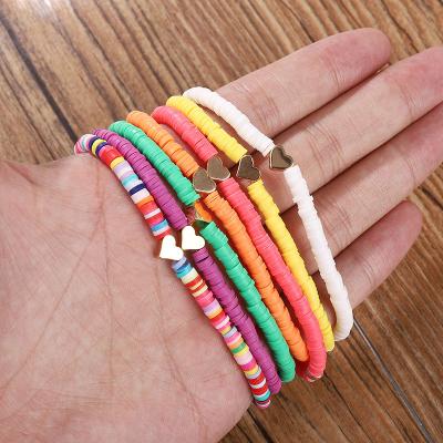 China TRENDY 4mm Polymer Clay Disc Elastic Peach Heart Beach Bracelets For Women Vinyl Heishi Bracelet Hand Jewelry Bohemia Cuff Accessories for sale