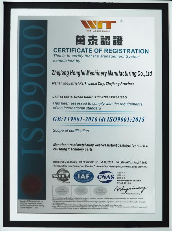 ISO9001 - Zhejiang Hongfei Machinery Manufacturing Co., Ltd.