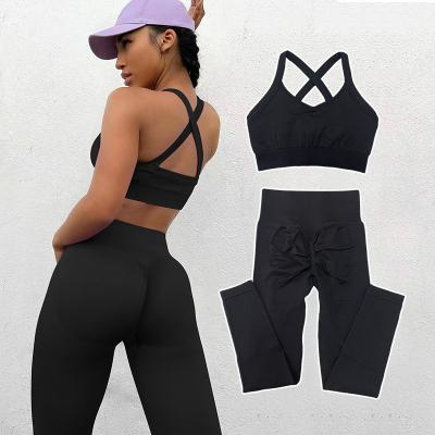 China Wholesale Breathable Women Sports Gym Wear Tights And Crop Top 2 Piece Seamless Yoga Set for sale