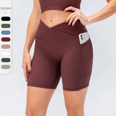 China Breathable High Waist Shorts V Shape Outdoor Sports Fitness Yoga Active Tight Shorts With Pockets for sale