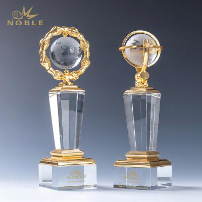 China Europe Noble Awards Custom Made Metal Honor Cooperation Goble Trophy Awards With Crystal Base for sale