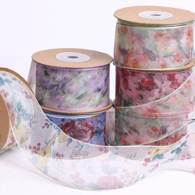 China 4cm Pretty Ribbon Bow Bowknot Strap Garment Hat Accessories Floral Printed Ribbons Viable Pure Hand Made Organza Ribbons for sale