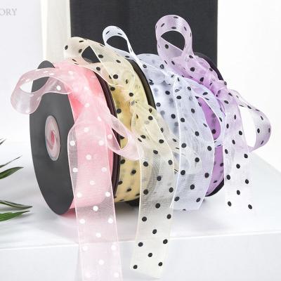 China Wholesale Boutique Polka Dots Printed Colorful Nylon Sheer Organza Ribbon 25mm 38mm Width Iridescent Ribbons 25 50 Yards Roll For Hair Bows for sale