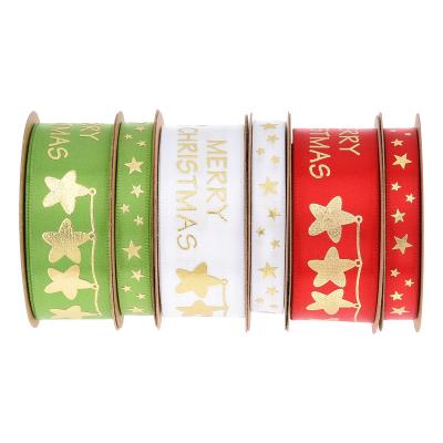 China Wholesale Cute Design Iridescent Hot Foil Stamping Christmas Print Gift Wrapping Polyester Satin Light Ribbons Candy Silk Ribbon for sale